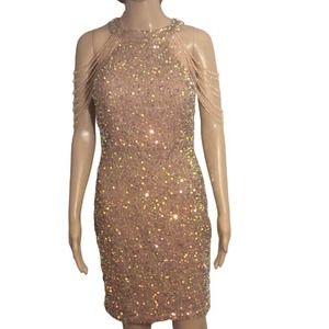 NWT Kalinnu Knee Length Beaded Dress in Light Pink Sparkle Women size Large